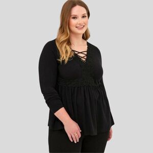 TORRID PLUS SIZE Black Babydoll Super Soft V-Neck Lace-up Lace Trim Top. 2X